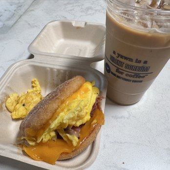 Blue Butterfly Coffee Co - Sunrise Sandwich and Iced Vanilla Latte (Lg) - Coffee & Tea Near Me - El Segundo, California