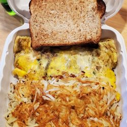 The Red Hut Cafe - The Mountain Folk Omelet (5 items plus cheese) - pepper jack, sausage, spinach, jalapenos, mushrooms, onions