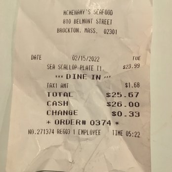 McMenamy Seafoods - Receipt for sea scallop meal - Seafood Near Me - Brockton, Massachusetts McMenamy Seafoods - Receipt for sea scallop meal - Seafood Near Me - Brockton, Massachusetts