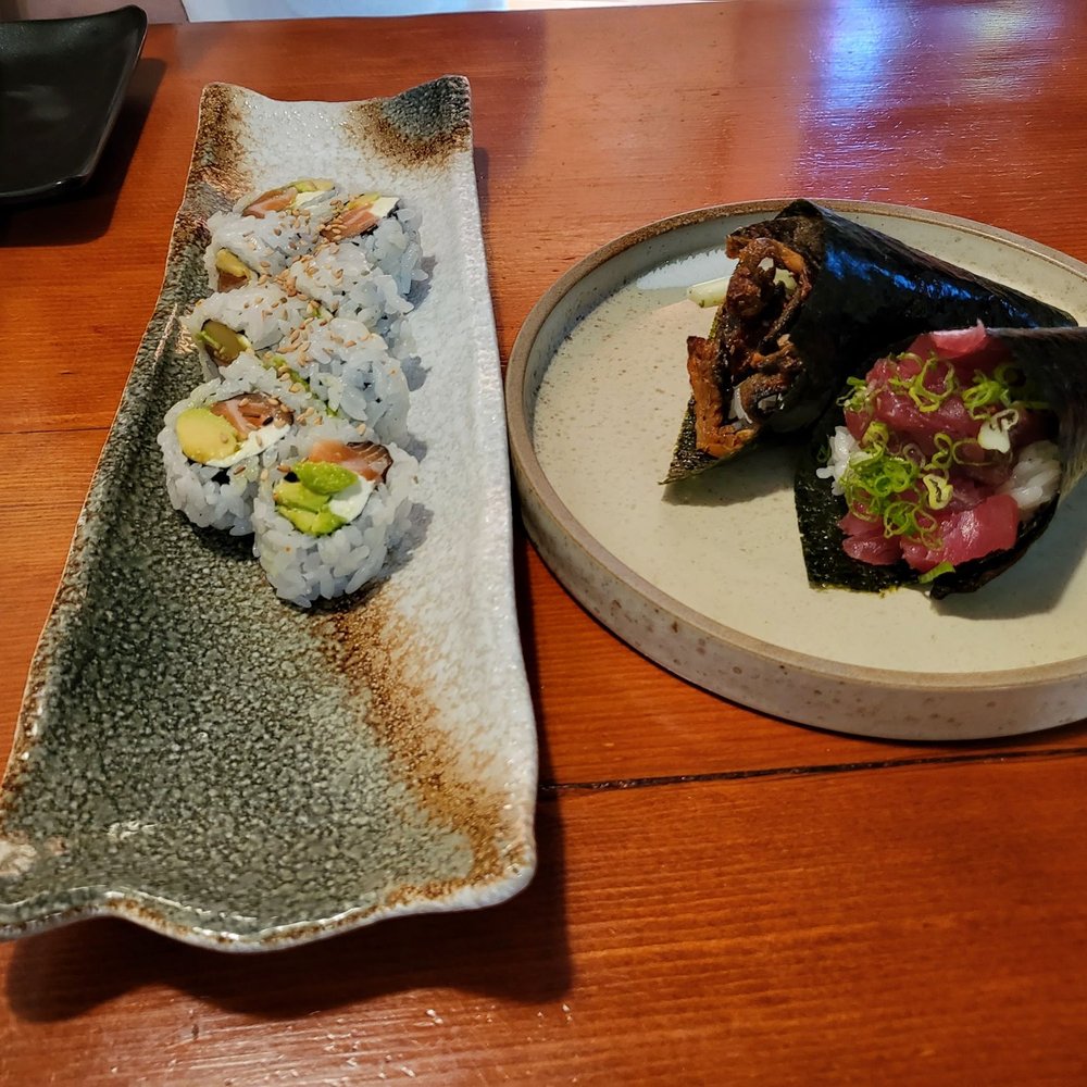 DAI Sushi - Left: Philly Roll Right: (top) Salmon Skin Handroll, (bottom) Tuna Handroll - Japanese Near Me - Westminster, California DAI Sushi - Left: Philly Roll Right: (top) Salmon Skin Handroll, (bottom) Tuna Handroll - Japanese Near Me - Westminster, California