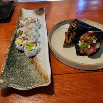 DAI Sushi - Left: Philly Roll Right: (top) Salmon Skin Handroll, (bottom) Tuna Handroll - Japanese Near Me - Westminster, California DAI Sushi - Left: Philly Roll Right: (top) Salmon Skin Handroll, (bottom) Tuna Handroll - Japanese Near Me - Westminster, California