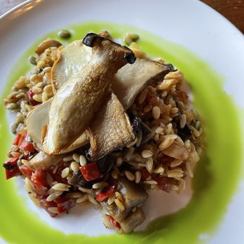 Cascade Dining Room - King Trumpet caponata with orzo eggplant raisins pine nuts. - New American Near Me - Timberline Lodge, Oregon Cascade Dining Room - King Trumpet caponata with orzo eggplant raisins pine nuts. - New American Near Me - Timberline Lodge, Oregon