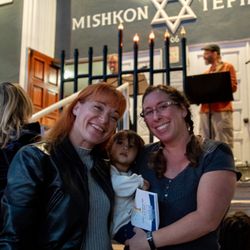 Mishkon Tephilo - Hanukkah at Mishkon (lighting the menorah on  Mishkon's Main Street steps)