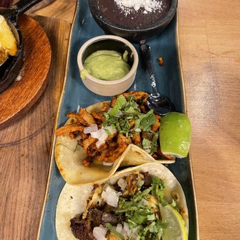 Sazón - Vampiro taco and pastor taco, side order of refried black beans. - Mexican Near Me - Lone Tree, Colorado