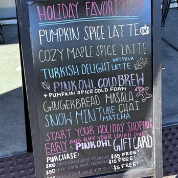 Pink Owl Coffee - Outside menu - Coffee & Tea Near Me - Petaluma, California Pink Owl Coffee - Outside menu - Coffee & Tea Near Me - Petaluma, California