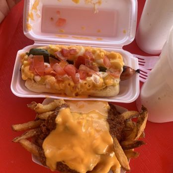 Matt's Red Hots - Chili cheese fries and regular size hot dog with Mac and cheese and toppings. - Hot Dogs Near Me - Fort Myers, Florida Matt's Red Hots - Chili cheese fries and regular size hot dog with Mac and cheese and toppings. - Hot Dogs Near Me - Fort Myers, Florida