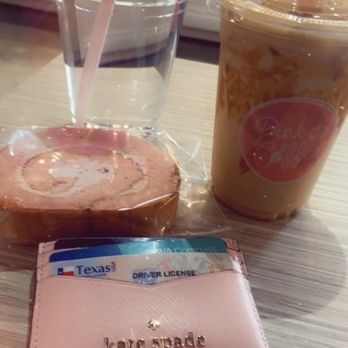 Pink Coffee - Strawberry roll and iced caramel macchiato. - Desserts Near Me - Garland, Texas Pink Coffee - Strawberry roll and iced caramel macchiato. - Desserts Near Me - Garland, Texas
