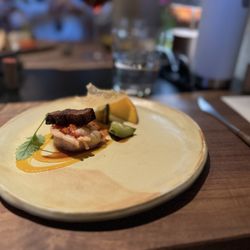 Pork belly, shrimp, and stone fruit