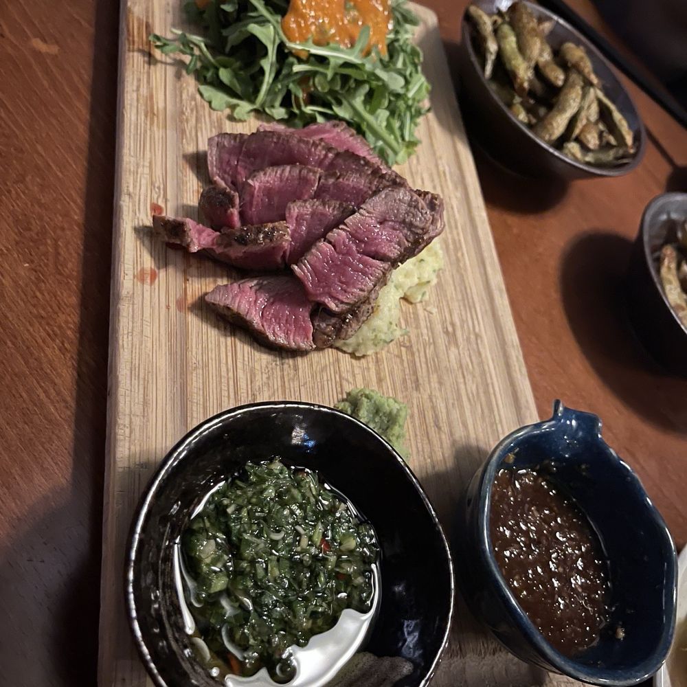 Oku Izakaya Bar - Steak chimichurri with ginger soy sauce and mash potato. - Sushi Bars Near Me - Vancouver, British Columbia Oku Izakaya Bar - Steak chimichurri with ginger soy sauce and mash potato. - Sushi Bars Near Me - Vancouver, British Columbia