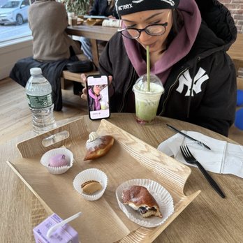 Yuri’s Desserts - Strawberry matcha, red bean donut, blueberry and coffee macaroon. And my best friend in the whole wide world. - Desserts Near Me - Portland, Maine