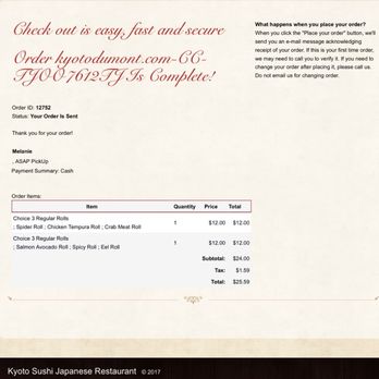 Kyoto Sushi - Online receipt says $25.59 but they charged me $30 when I went to go pick up - Sushi Bars Near Me - Dumont, New Jersey Kyoto Sushi - Online receipt says $25.59 but they charged me $30 when I went to go pick up - Sushi Bars Near Me - Dumont, New Jersey