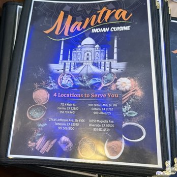 Mantra Indian Cuisine - Menu cover - Indian Near Me - Temecula, California