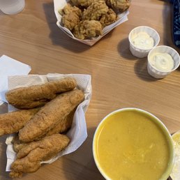 Gluten free haddock, butternut squash and apple soup, fried oysters. Gluten free haddock, butternut squash and apple soup, fried oysters.