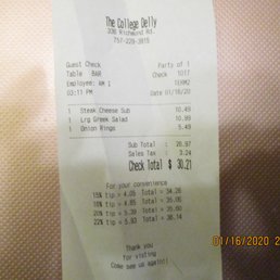 College Delly / Williamsburg: My check for food that lasted me 3 meals.