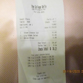 College Delly - College Delly / Williamsburg: My check for food that lasted me 3 meals. - Pizza Near Me - Williamsburg, Virginia