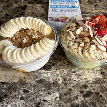 Playa Bowls - Half & half coconut & mango base mango power bowl. Green base Pacific bowl. - Juice Bars & Smoothies Near Me - Chandler, Arizona Playa Bowls - Half & half coconut & mango base mango power bowl. Green base Pacific bowl. - Juice Bars & Smoothies Near Me - Chandler, Arizona