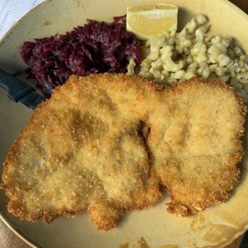 Biergarten - Chicken schnitzel with red cabbage and spatzle - German Near Me - Boca Raton, Florida