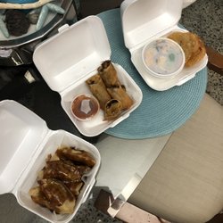 Piscolabis Food Truck - Chicken dumplings, sweet plantain and skirt steak eggroll and the passion fruit ceviche.