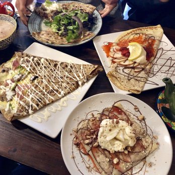 Renata's Creperie - Top: The Hungry Farmer w/ salad & Nectarine Dream Bottom: Crêpe Normandy & Sweet Sappho - Creperies Near Me - Arcata, California Renata's Creperie - Top: The Hungry Farmer w/ salad & Nectarine Dream Bottom: Crêpe Normandy & Sweet Sappho - Creperies Near Me - Arcata, California