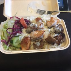 Sami's Barbeque Takeaway - Lamb and chicken combo over rice. FYI ask for sauce on the side I always forget