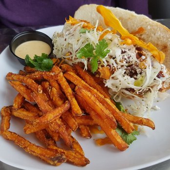 Rev-a-lee Brunch Café - The chicken sandwich option with yam fries...which were crispy! I usually hate sweet potato fries. - Vegan Near Me - Vineland, Ontario Rev-a-lee Brunch Café - The chicken sandwich option with yam fries...which were crispy! I usually hate sweet potato fries. - Vegan Near Me - Vineland, Ontario