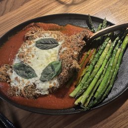 Veal Parmesan (we subbed crispy potatoes for asparagus)