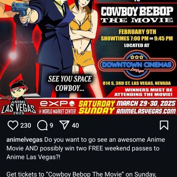 Downtown Cinemas - Ad for Cowboy Bebop Raffle - Cinema Near Me - Las Vegas, Nevada Downtown Cinemas - Ad for Cowboy Bebop Raffle - Cinema Near Me - Las Vegas, Nevada