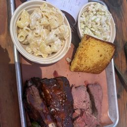 Tri-tip, pork ribs, Cornbread, mac and cheed