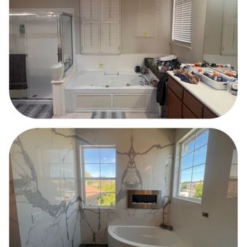 TSP Remodeling - Our old tub before (top) and our new, sleek, corner tub now. The veining that they matched up looks awesome. - General Contractors Near Me - Brentwood, California TSP Remodeling - Our old tub before (top) and our new, sleek, corner tub now. The veining that they matched up looks awesome. - General Contractors Near Me - Brentwood, California