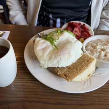 B3 Breakfast And Burger Bar - Crispy Chicken Three Eggs Sandwich with gravy and fruit. - Burgers Near Me - Lynnwood, Washington