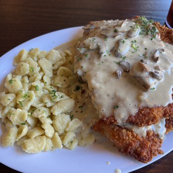 Village Bier Garten - Jager Schnitzel with spatzel - German Near Me - Cocoa, Florida Village Bier Garten - Jager Schnitzel with spatzel - German Near Me - Cocoa, Florida