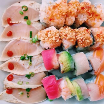 Sushi Hana - Take-out (Albacore nigiri on the left, Ichi Roll on the top, Rainbow Roll on the bottom) - Sushi Bars Near Me - Beaverton, Oregon Sushi Hana - Take-out (Albacore nigiri on the left, Ichi Roll on the top, Rainbow Roll on the bottom) - Sushi Bars Near Me - Beaverton, Oregon
