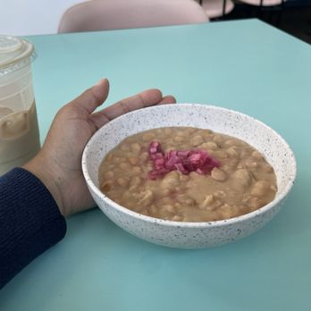 Lola 55 - Side of Lola's Beans; my hand for size comparison (my hands are small tho, bear in mind) - Mexican Near Me - San Diego, California