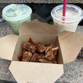 Azucanela - Iced Mazapan Latte , iced vanilla oat Ice Matcha Oat Latte, & Churro Bites with Cajeta - Coffee & Tea Near Me - Hawthorne, California