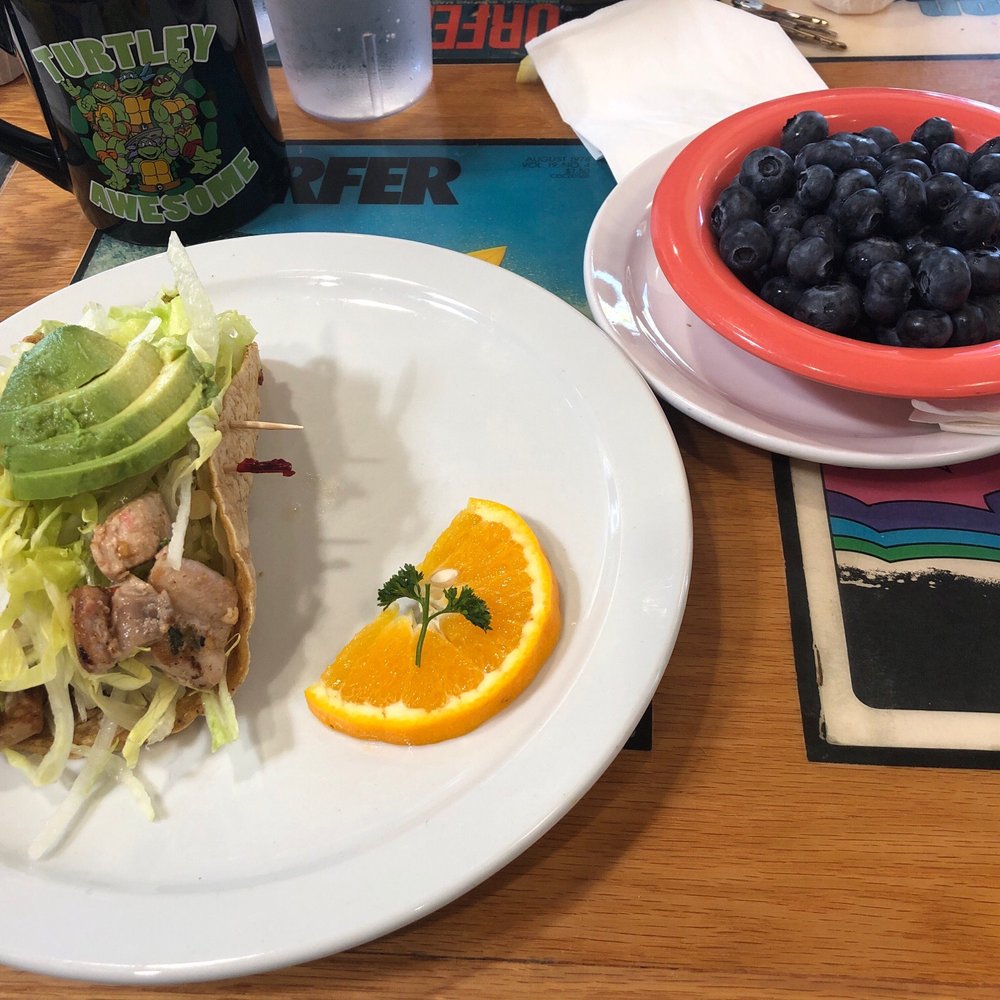 Beach Break Cafe - Gluten free, dairy free fish taco and fresh blueberries! - Breakfast & Brunch Near Me - Oceanside, California