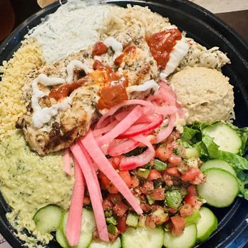 Brochettes Grill - Garlic chicken bowl with many sides.  Including jalapeño hummus - Mediterranean Near Me - Dinuba, California