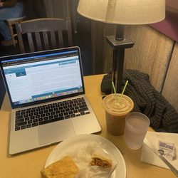 Rocket Bakery - Sweet potato chorizo breakfast burrito  Iced oat milk latte