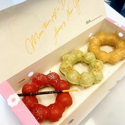 Red velvet, pistachio, and original mochi donut Red velvet, pistachio, and original mochi donut