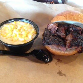 Mission BBQ - Cream corn and BBQ brisket sandwich. - Barbeque Near Me - Nottingham, Maryland Mission BBQ - Cream corn and BBQ brisket sandwich. - Barbeque Near Me - Nottingham, Maryland