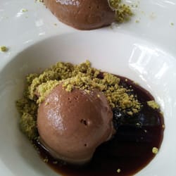 Pod Food - Decadence on a plate: triple choc mousse & ice cream, pistacio crumble & burnt caramel