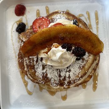 Gina's Kitchen +Catering - Pancake stack with bananas and pecans. - Breakfast & Brunch Near Me - Rancho Cucamonga, California