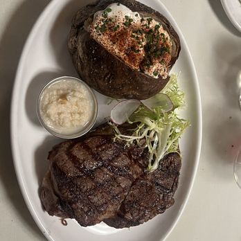 The Steakhouse - Ribeye with horseradish and crispy on yhe outside loaded potato Yum!' - Breakfast & Brunch Near Me - Paso Robles, California The Steakhouse - Ribeye with horseradish and crispy on yhe outside loaded potato Yum!' - Breakfast & Brunch Near Me - Paso Robles, California