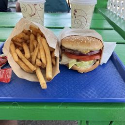 Cheeseburger, fries, root beer and blueberry shake. Yum.