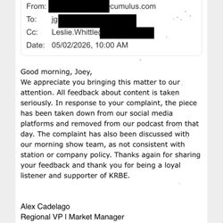 Krbe Fm 104.1 - Management response acknowledging complaints and removal of the segment.