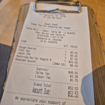 Bar Hygge - The tab. - Comfort Food Near Me - Philadelphia, Pennsylvania