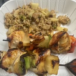 Chicken kabob and pineapple fried rice. Chicken kabob and pineapple fried rice.