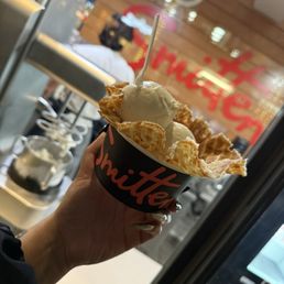Two scoops of Salted Caramel in a waffle bowl Two scoops of Salted Caramel in a waffle bowl