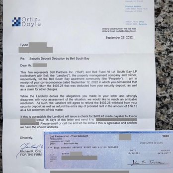 Bell South Bay Apartments - Attorney for Bell Partners responding to the Demand Letter with a copy of check. - Apartments Near Me - Inglewood, California