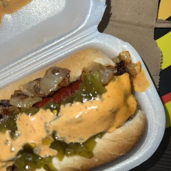 Taystee's Burgers - Close up of the knockwurst hotdog! - Burgers Near Me - Dearborn, Michigan