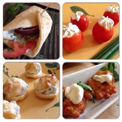 Catering By Liz - Pork gyro, cherry tomatoes stuffed with Boursin, Gougeres stuffed with Boursin, vegetable fritters